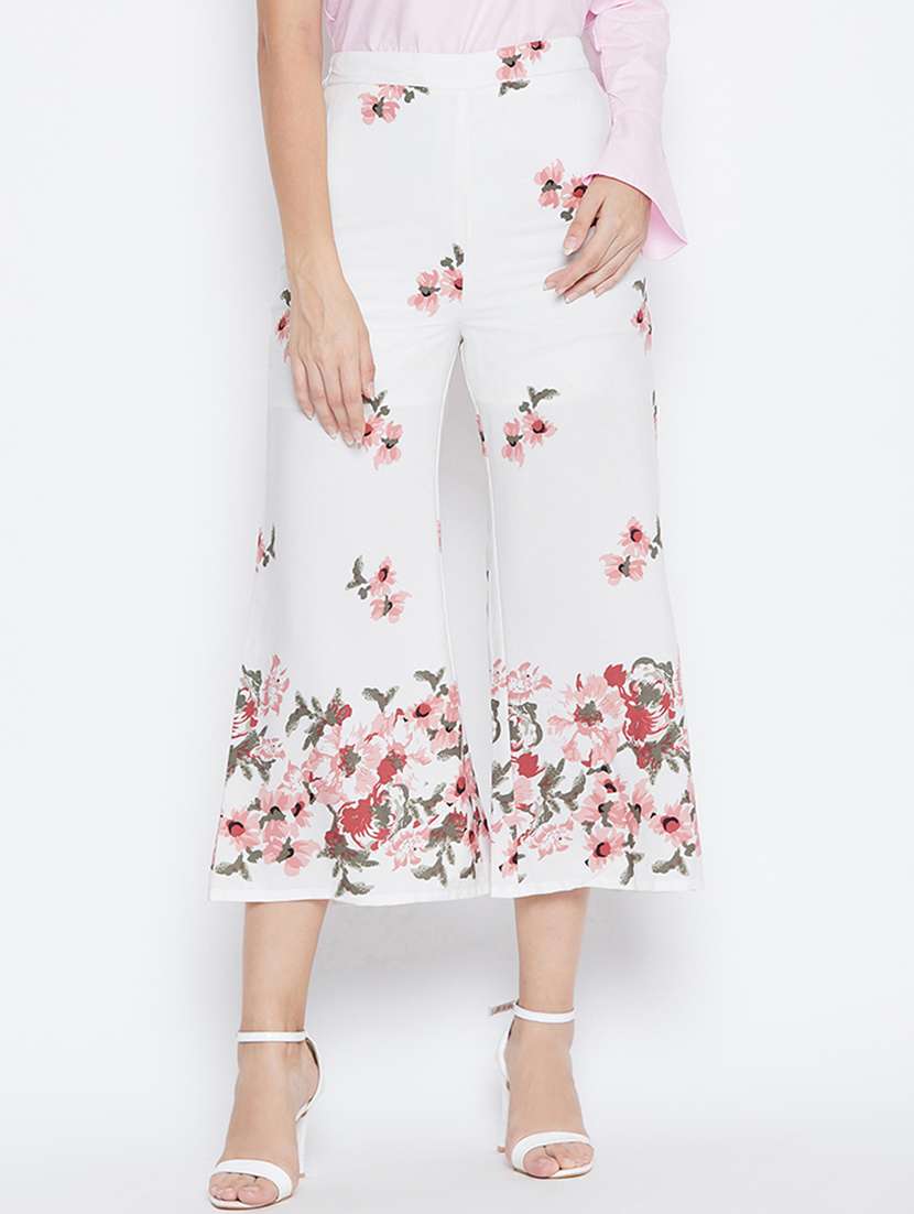 floral printed flat front wide leg trouser