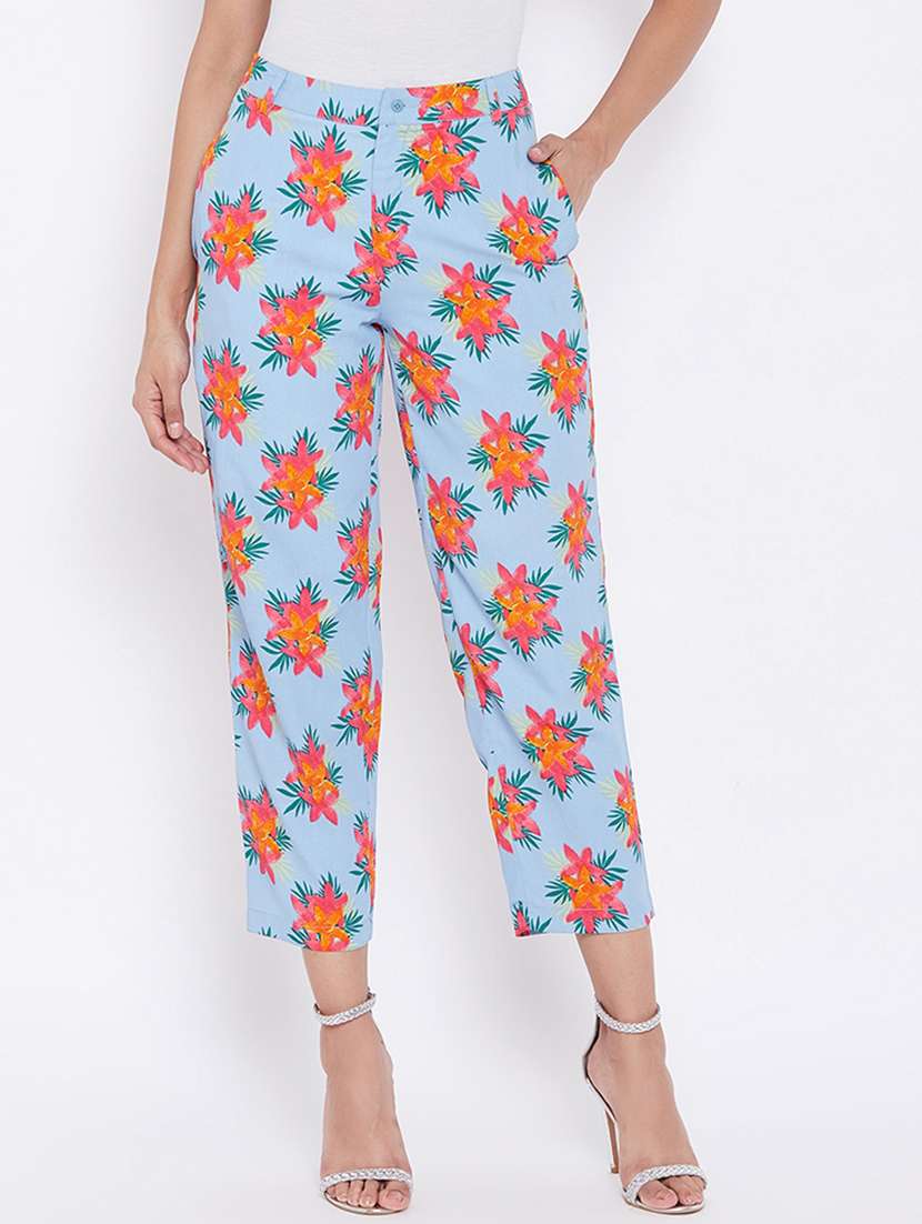 floral printed flat front cigarette pants