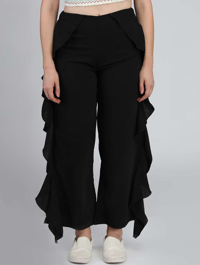 solid flat front overlap ruffle trouser