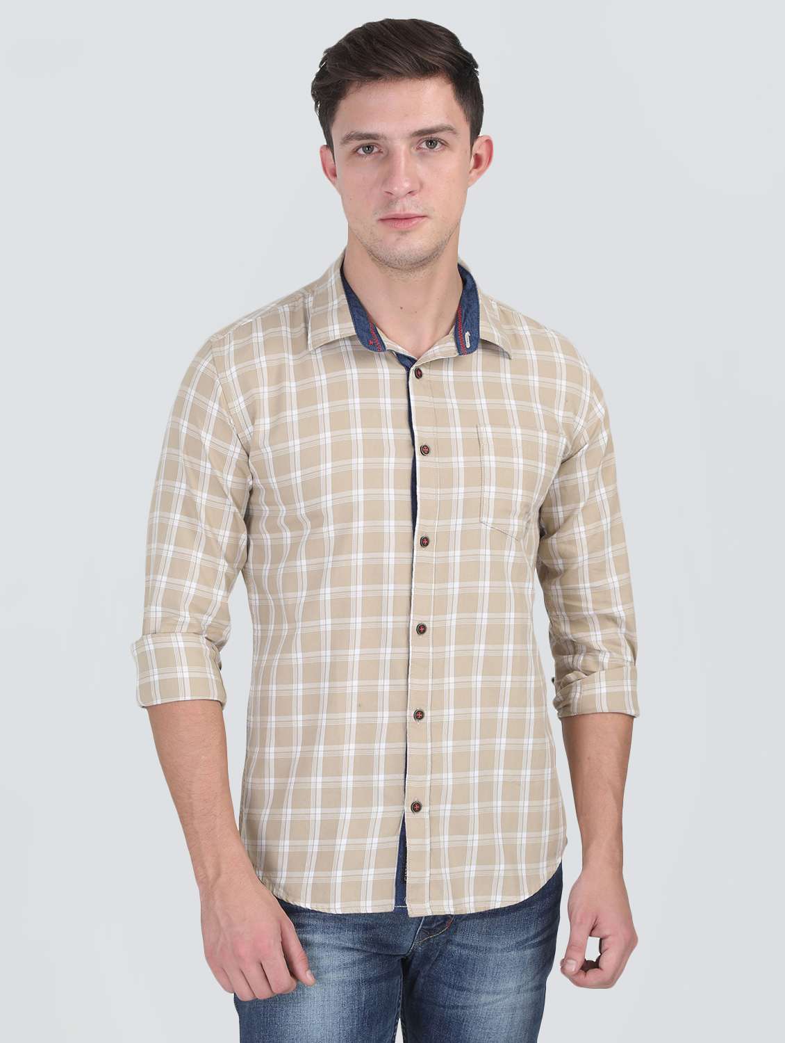 beige checkered casual shirt