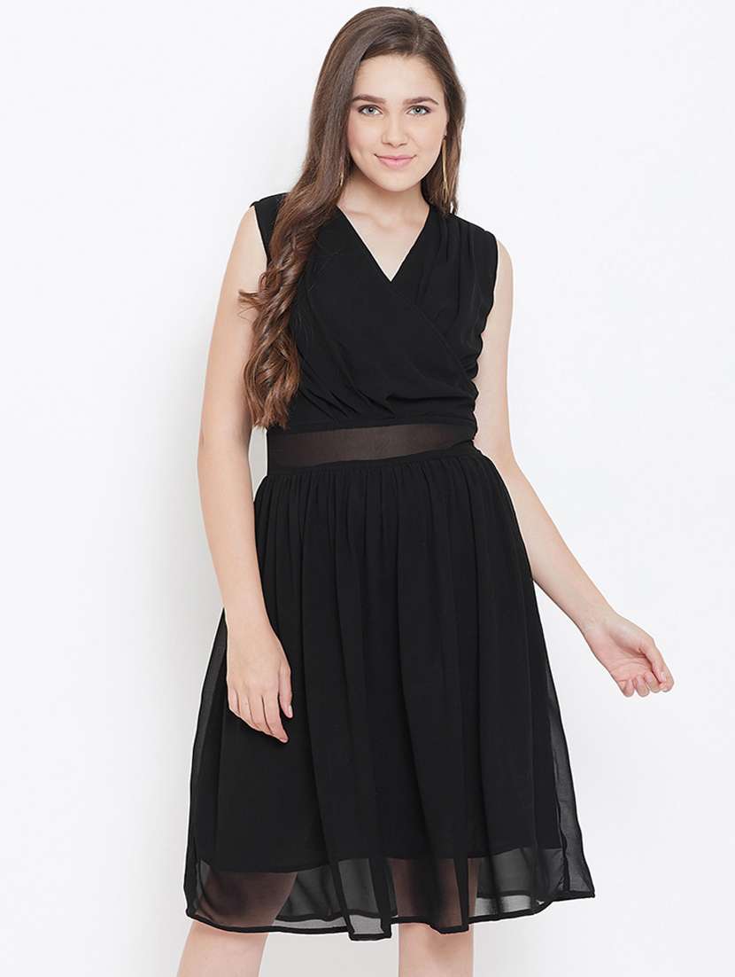 overlap neck gathered flared dress