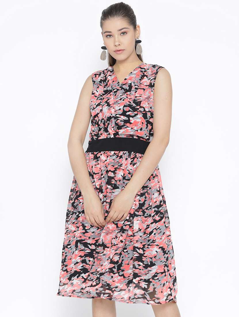 overlap neck gathered floral flared dress