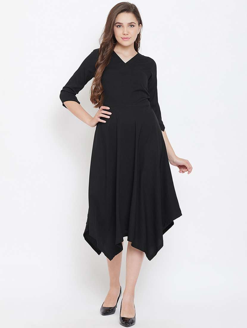 v neck solid asymmetric dress