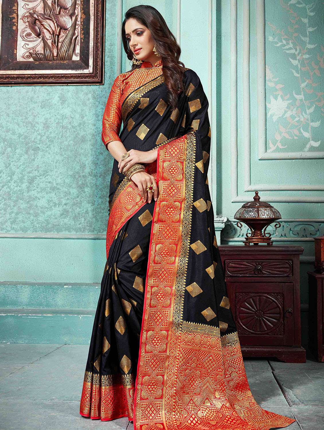 women's self design black colored saree