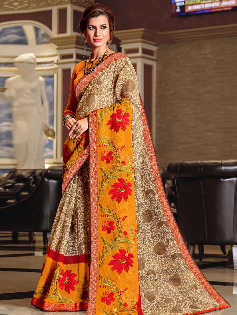 women's printed beige colored saree with blouse