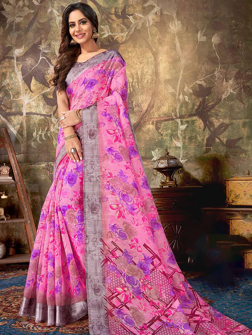 women's floral pink colored saree