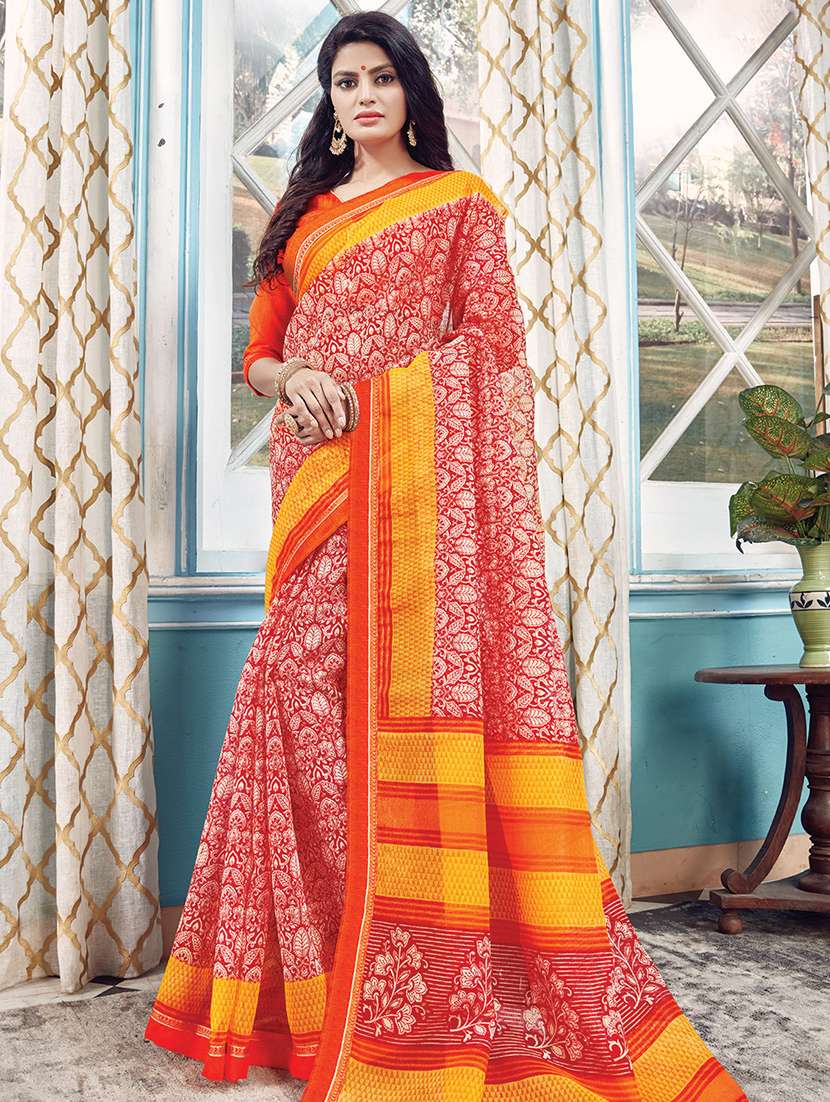 women's printed red colored saree with blouse
