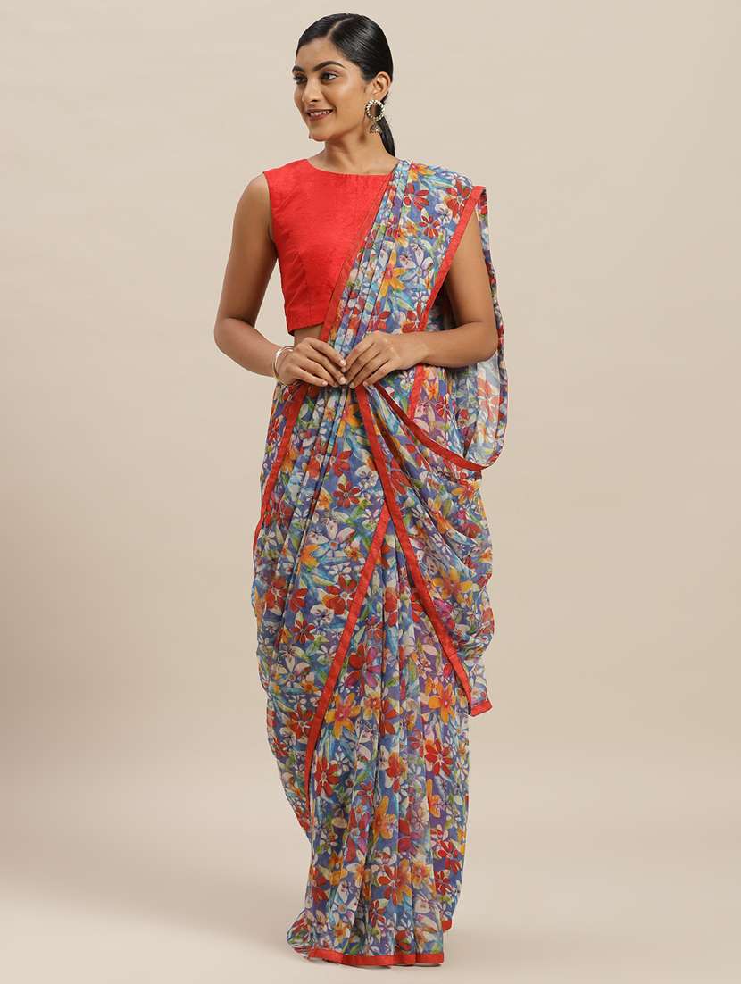 floral printed woven saree with blouse