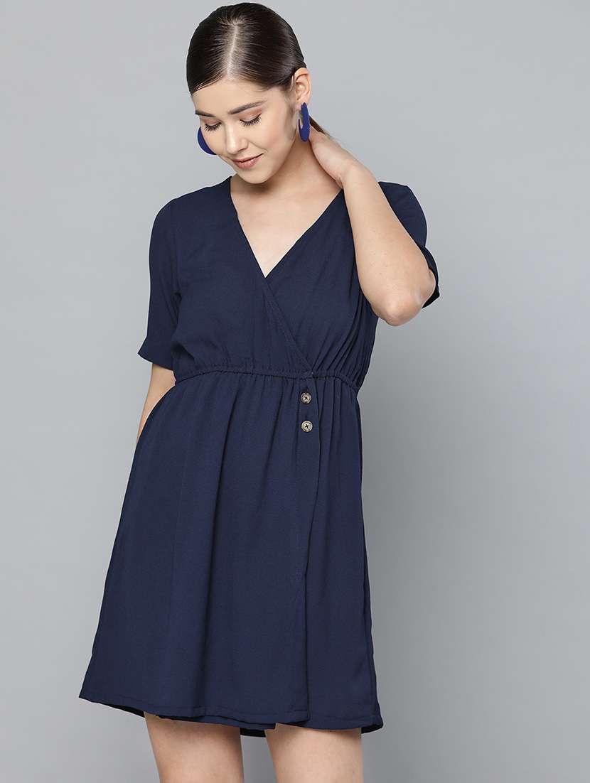 overlap neck solid a-line dress