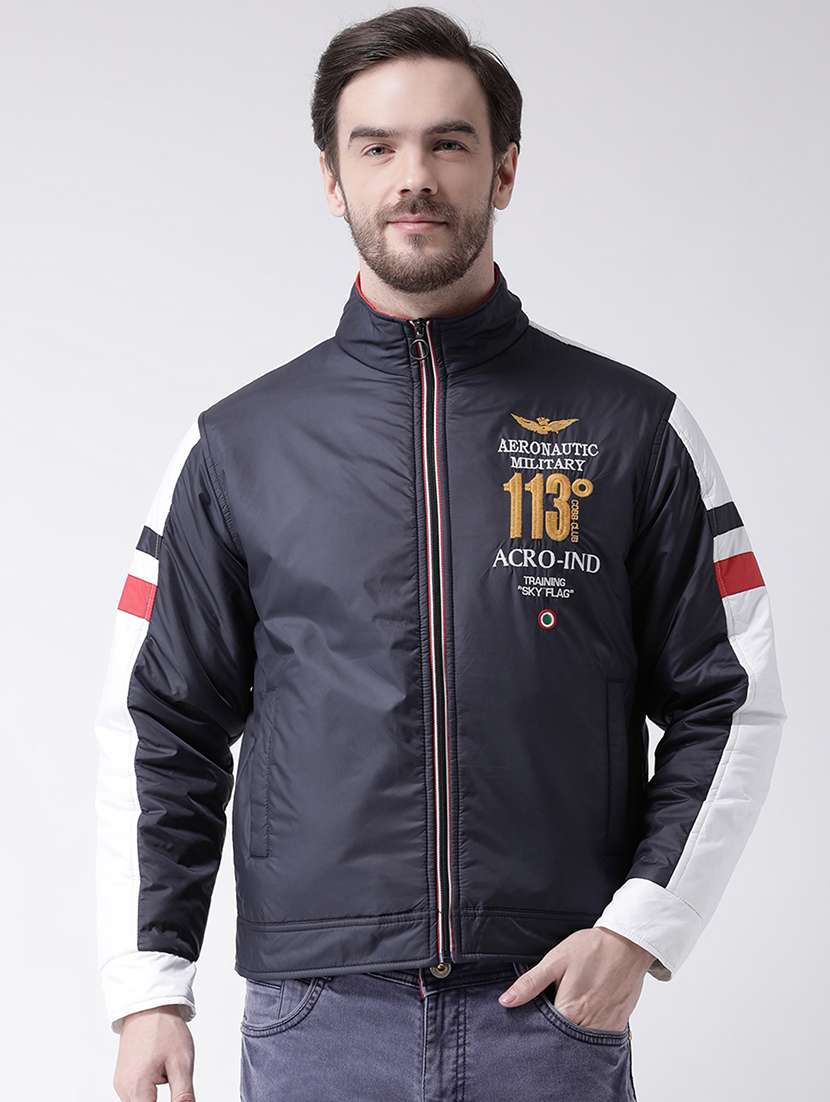 navy blue chest printed casual jacket