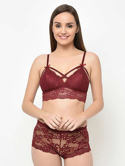 maroon lace bras and panty set - 16794182 - Standard Image - 0