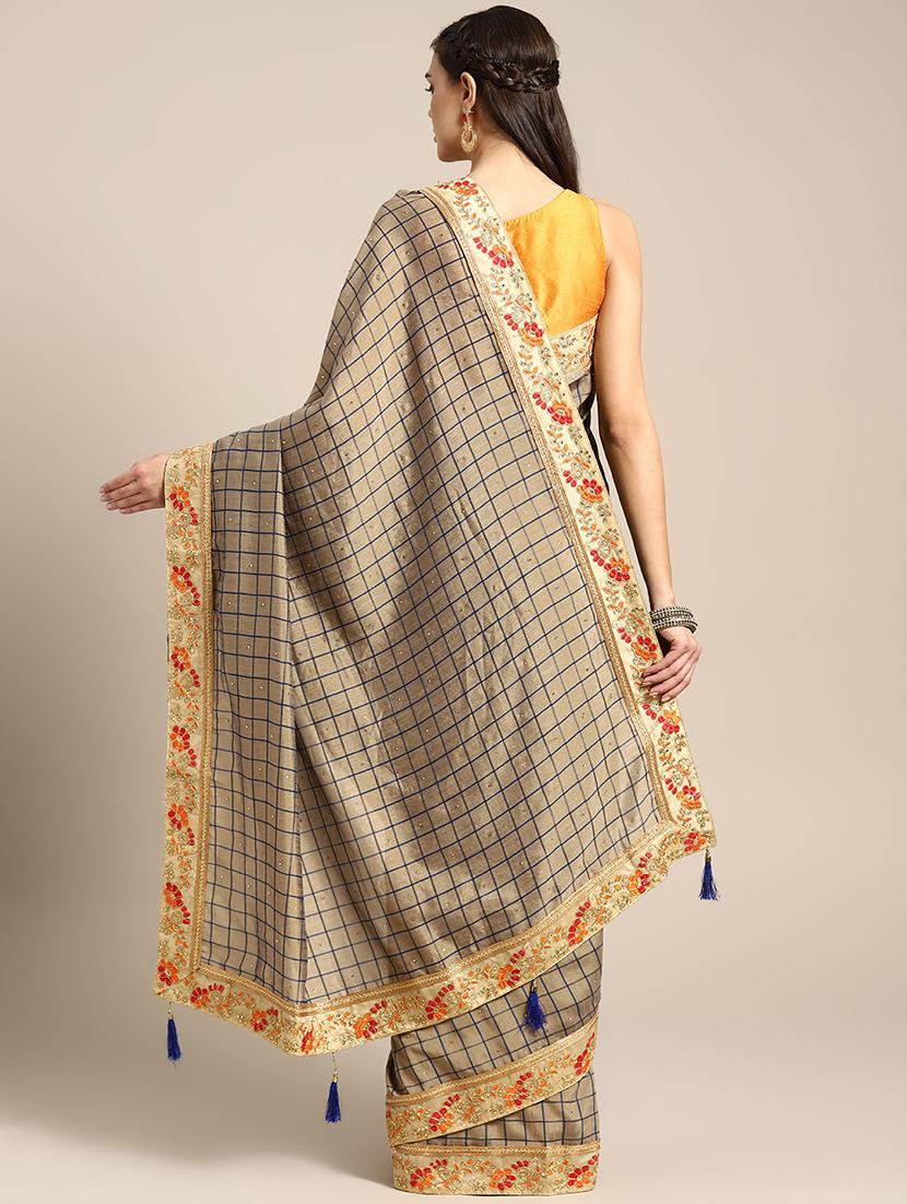 checkered printed saree with blouse - 16796323 - Standard Image - 1