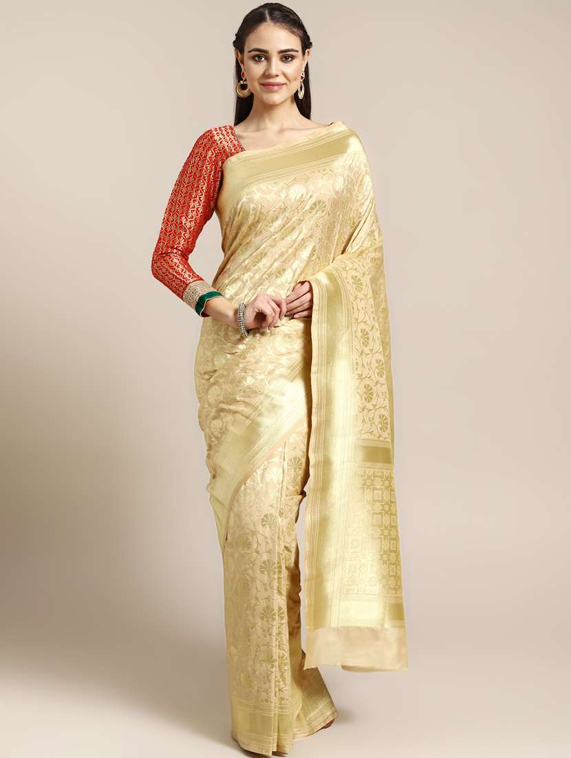 women's floral gold colored saree with blouse
