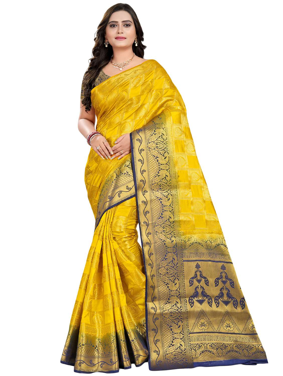 women's self design yellow colored saree with blouse