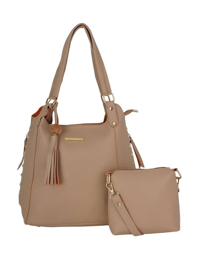 beige solid handbag combo