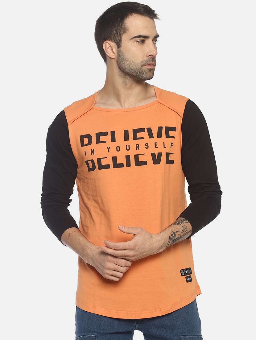 orange typographic color block t-shirt