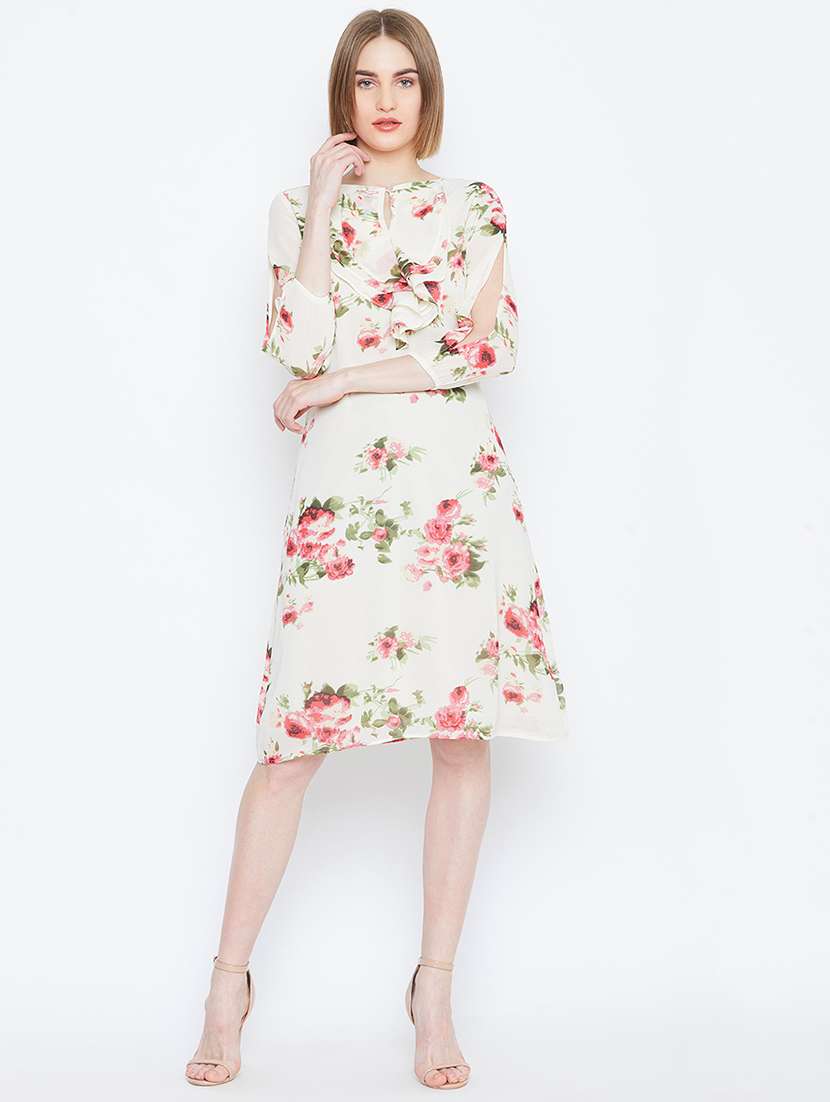 key hole neck slit sleeved a-line dress