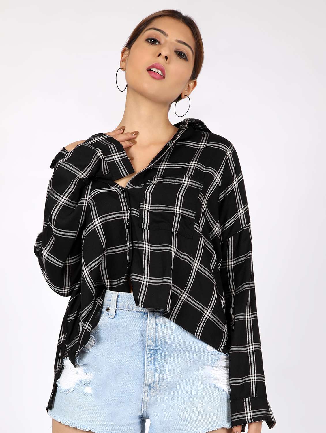 women high low check shirt 