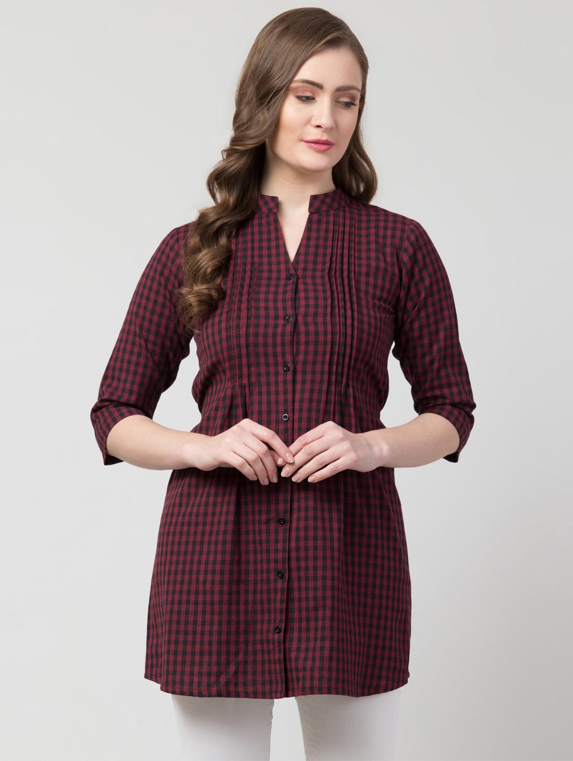 tie back checkered a-line tunic - 16812892 - Zoom Image - 0