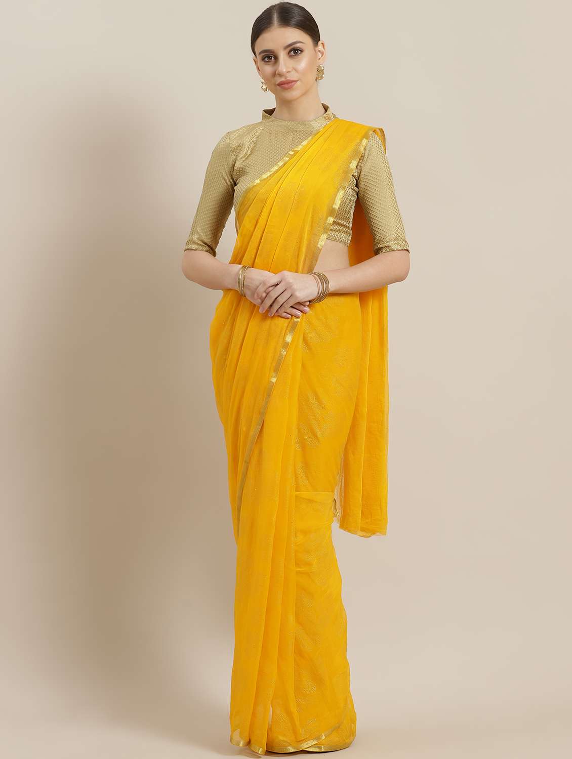 yellow solid saree with blouse