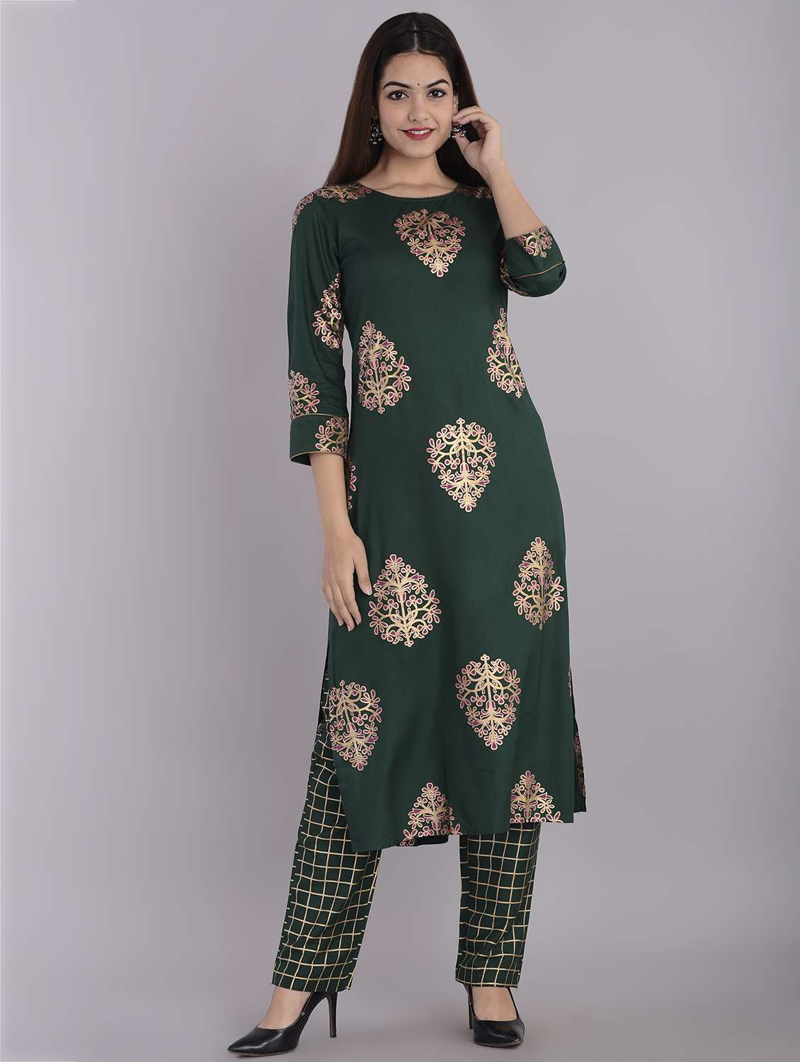 gold print kurta pant set