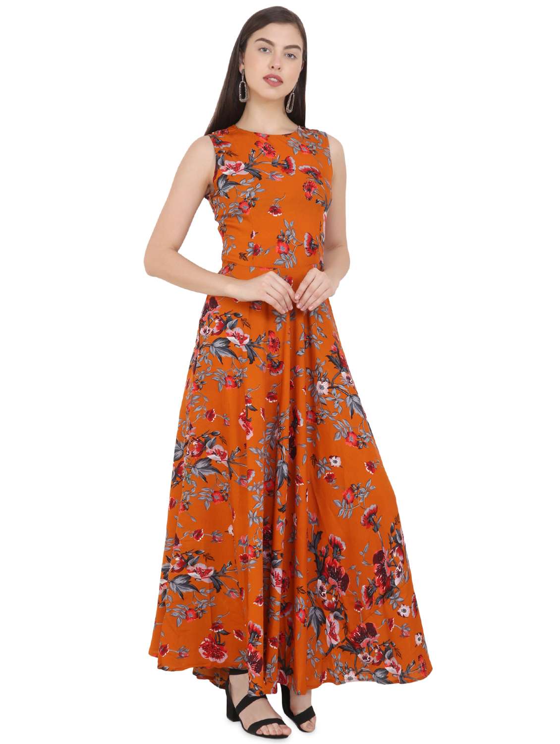 round neck floral flared maxi dress