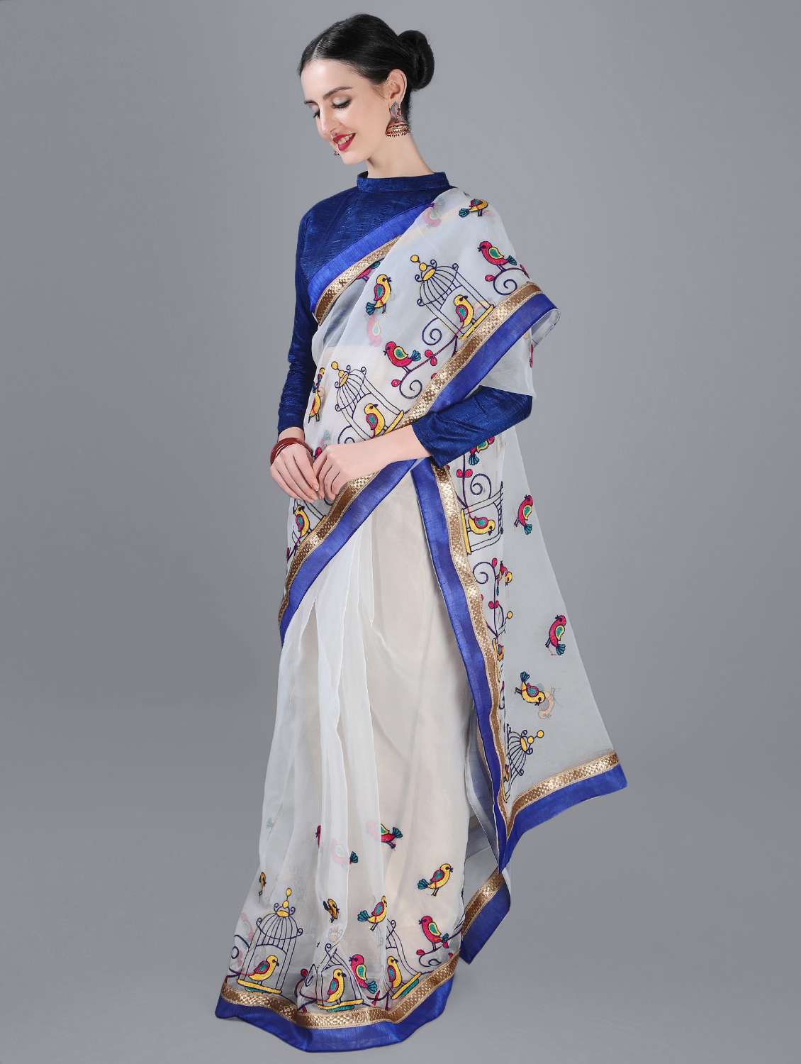 self design embroidered saree with blouse