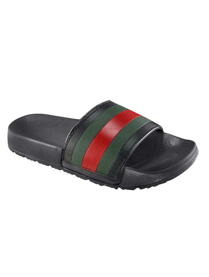 black leatherette slip on flip flops
