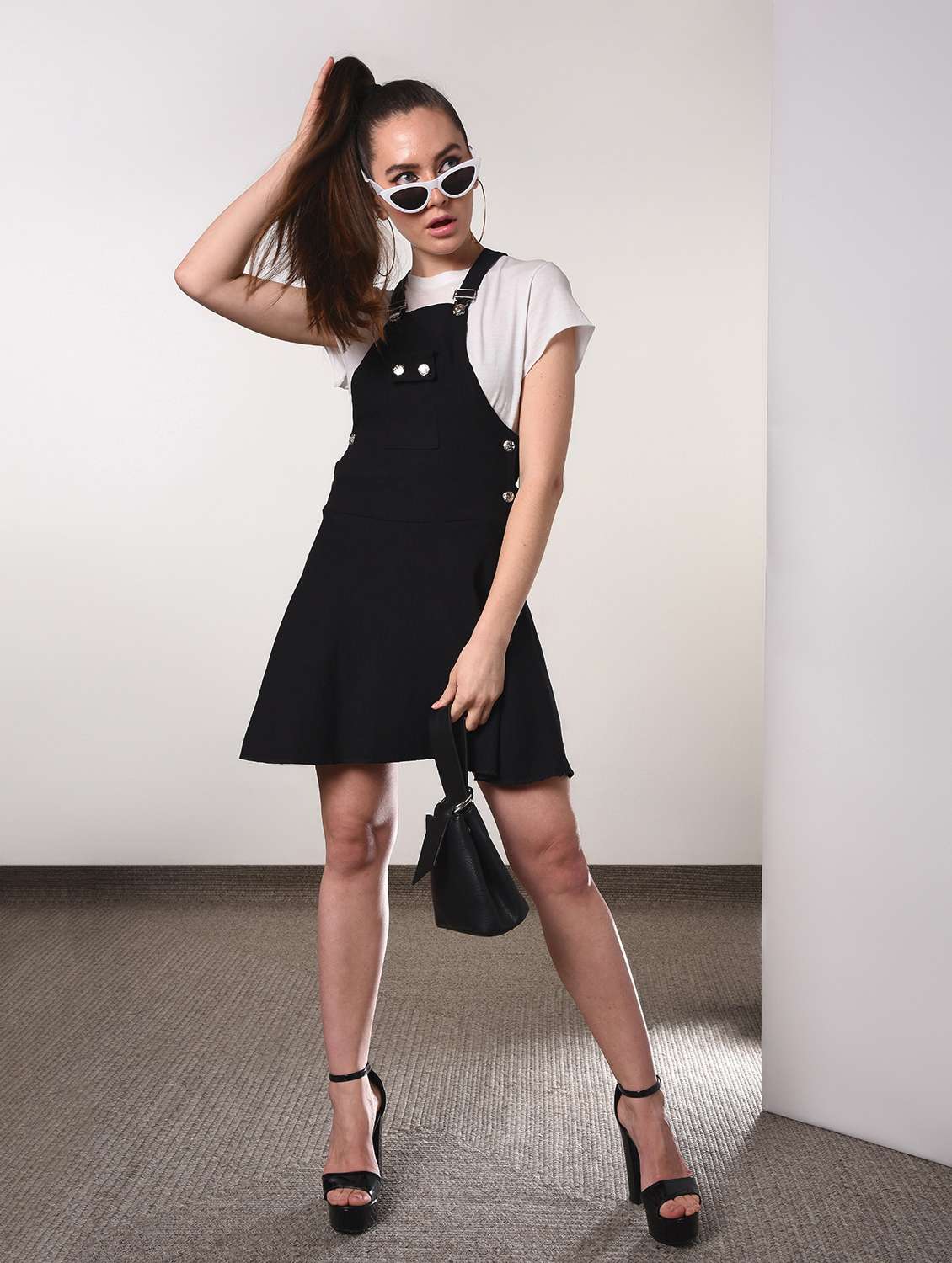 metallic button closure dungaree dress 