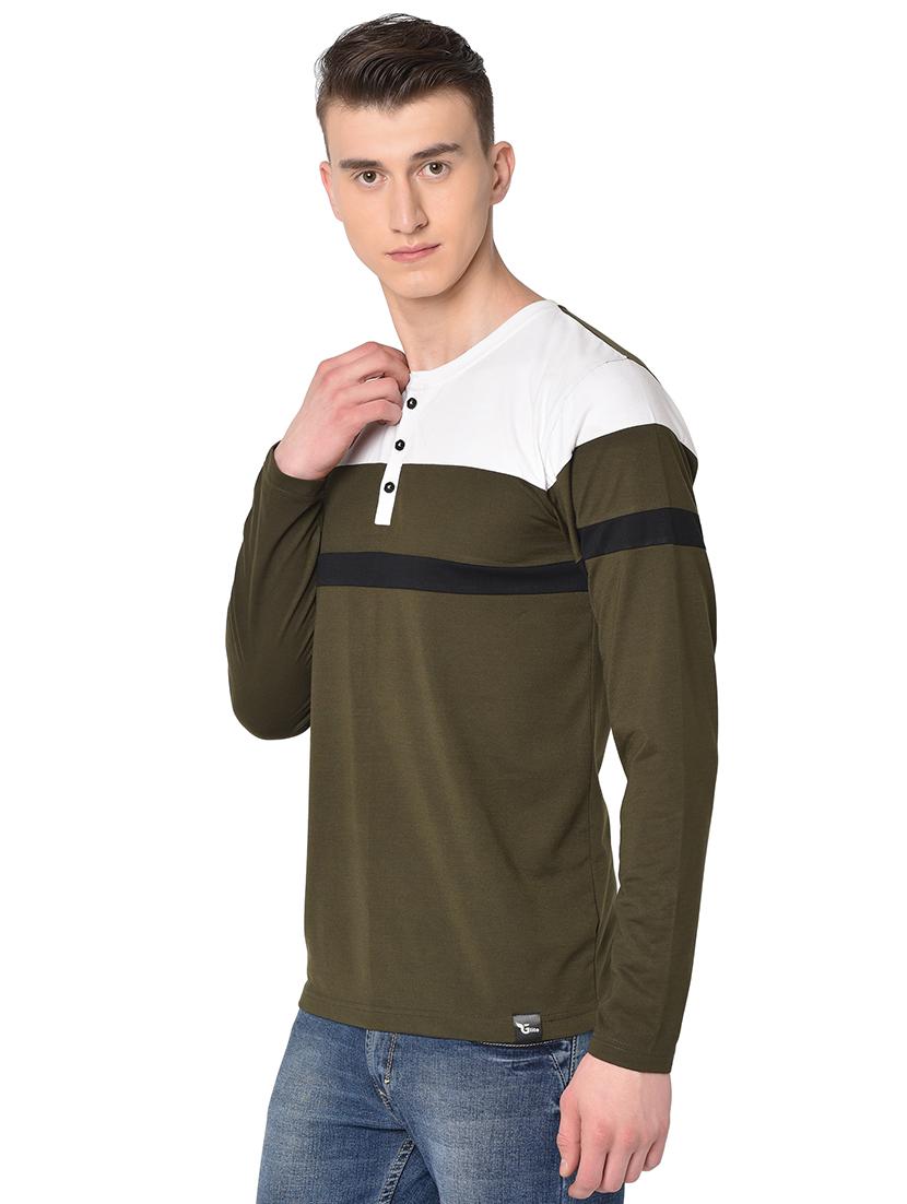 olive green color block cut & sew t-shirt - 16827597 - Standard Image - 1