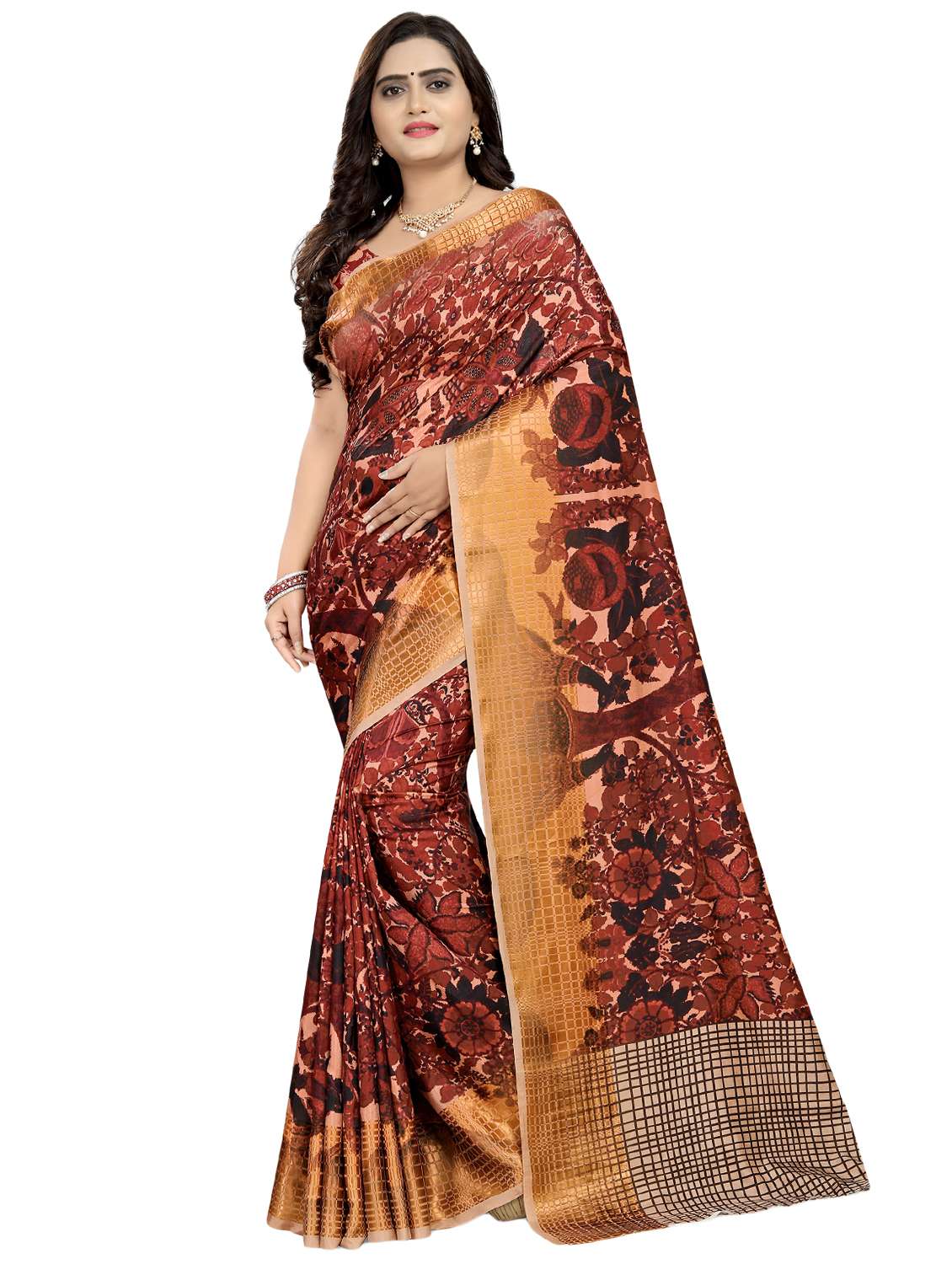 women's floral brown colored saree with blouse