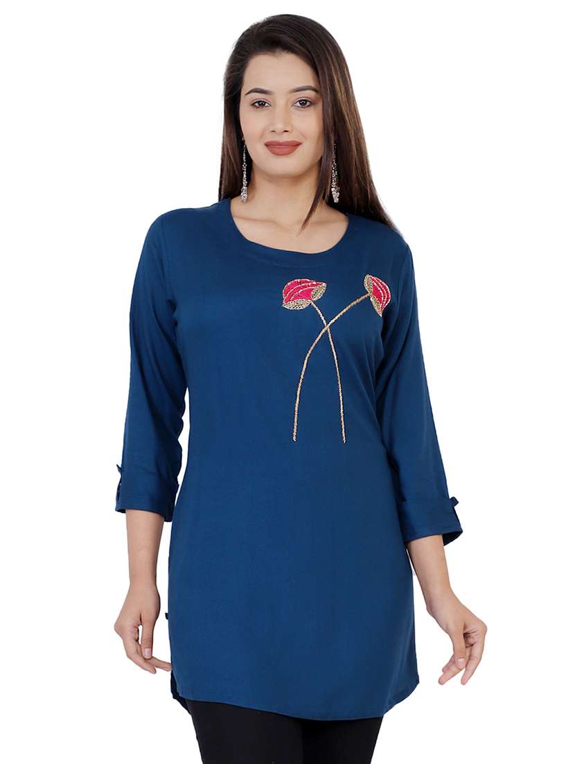 navy blue embellished straight kurti