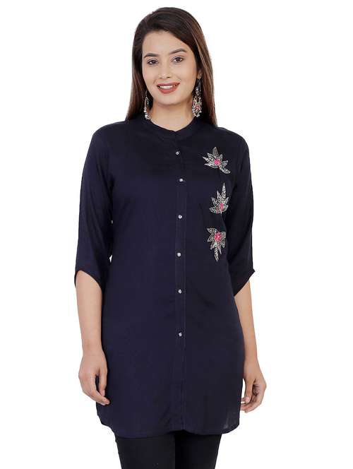 navy blue embellished straight kurti - 16832851 - Standard Image - 0
