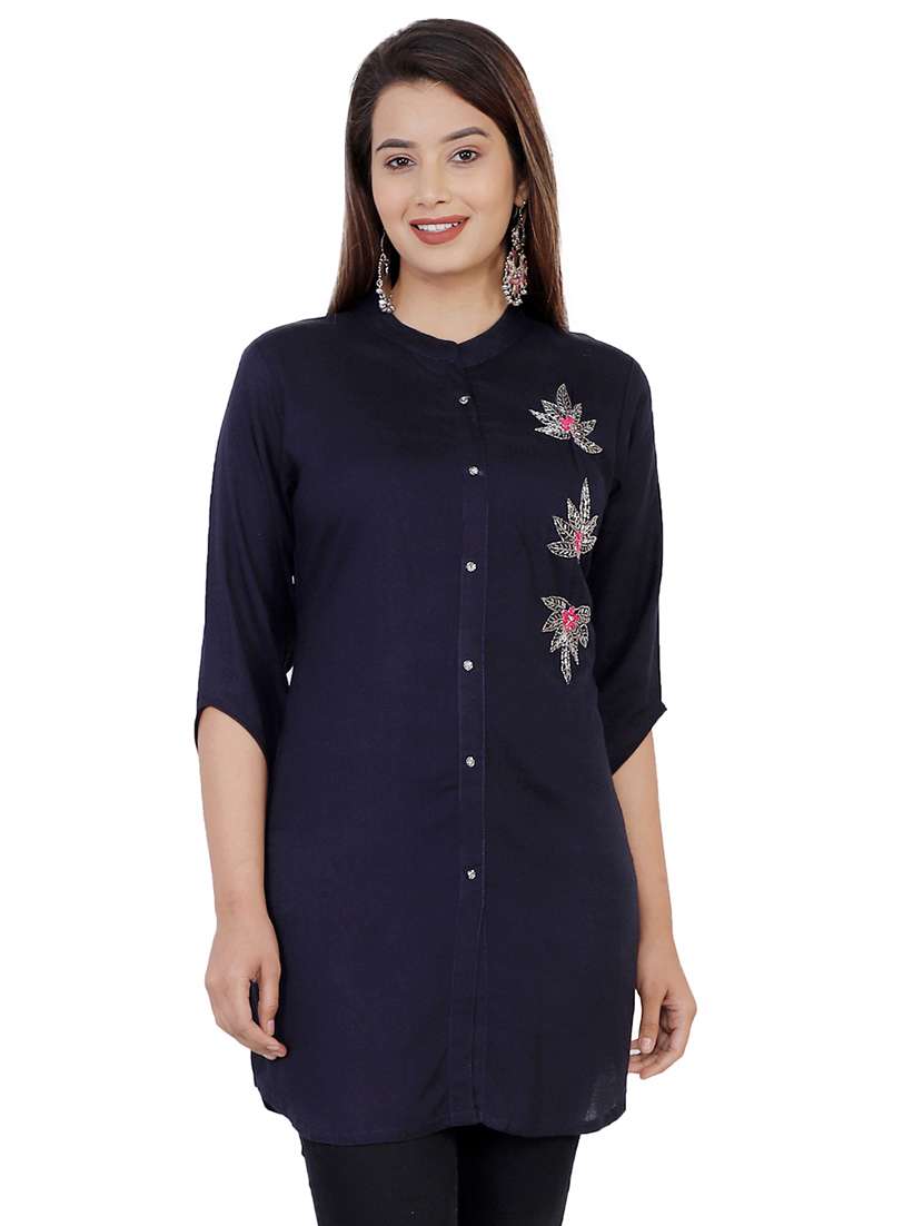 navy blue embellished straight kurti - 16832851 - Zoom Image - 0