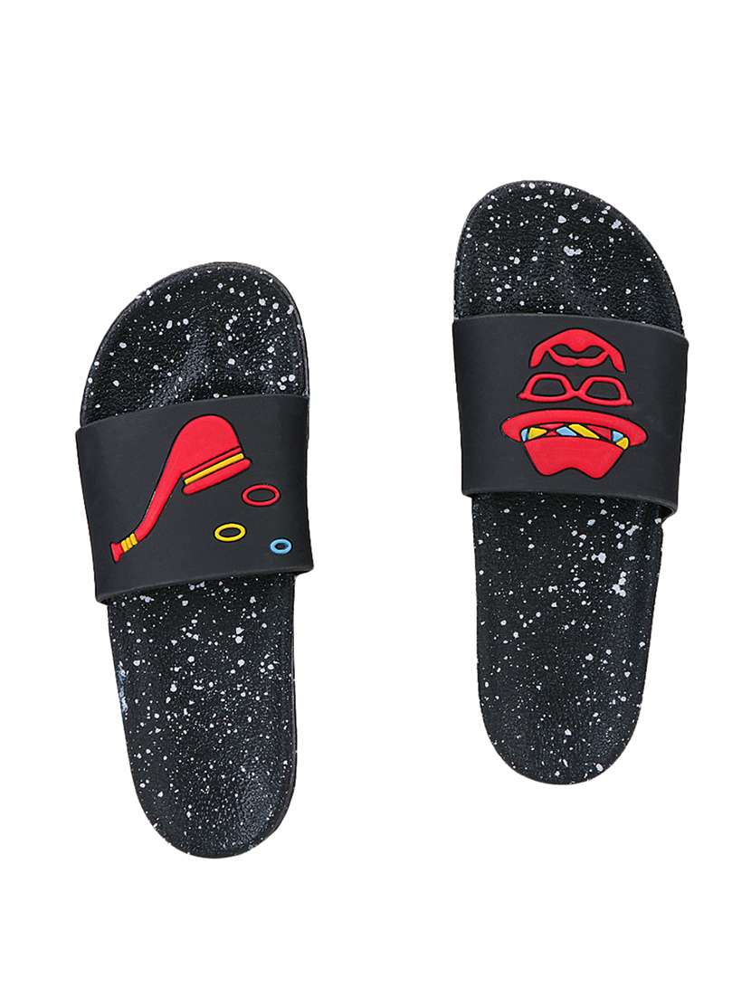 black rubber slip on flip flops
