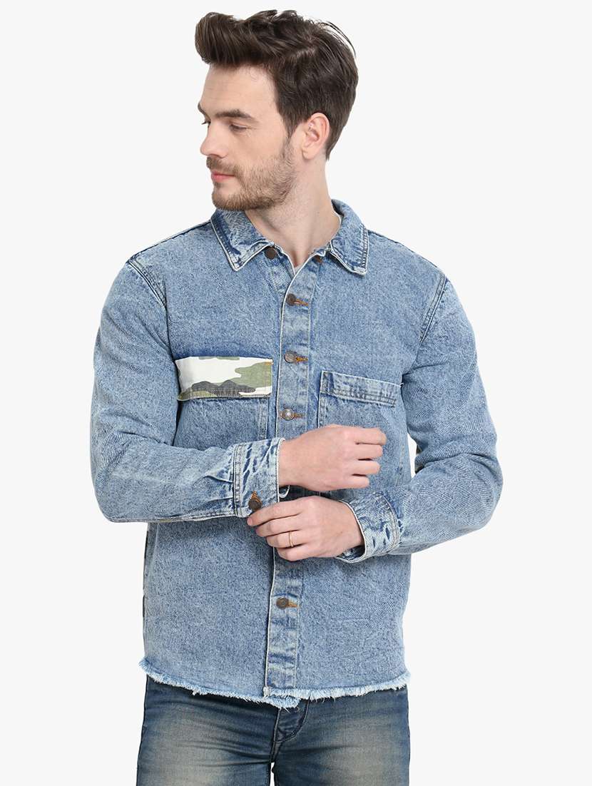 blue camouflage print denim jacket