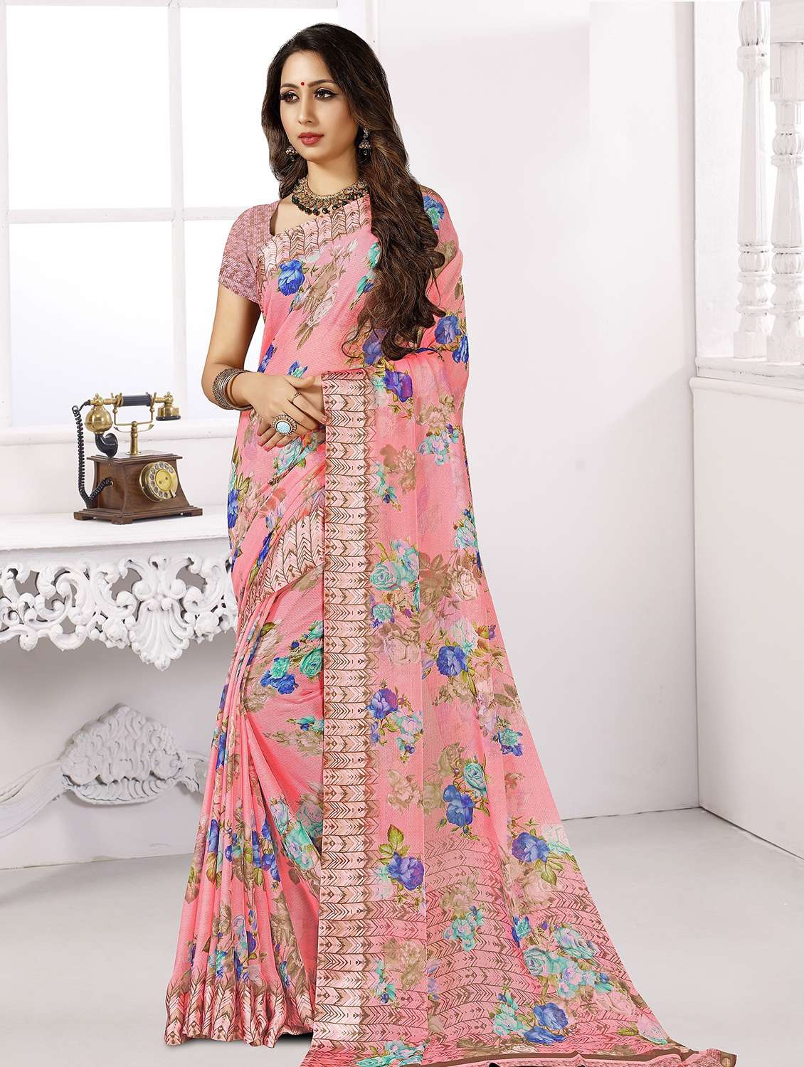 floral printed saree with blouse