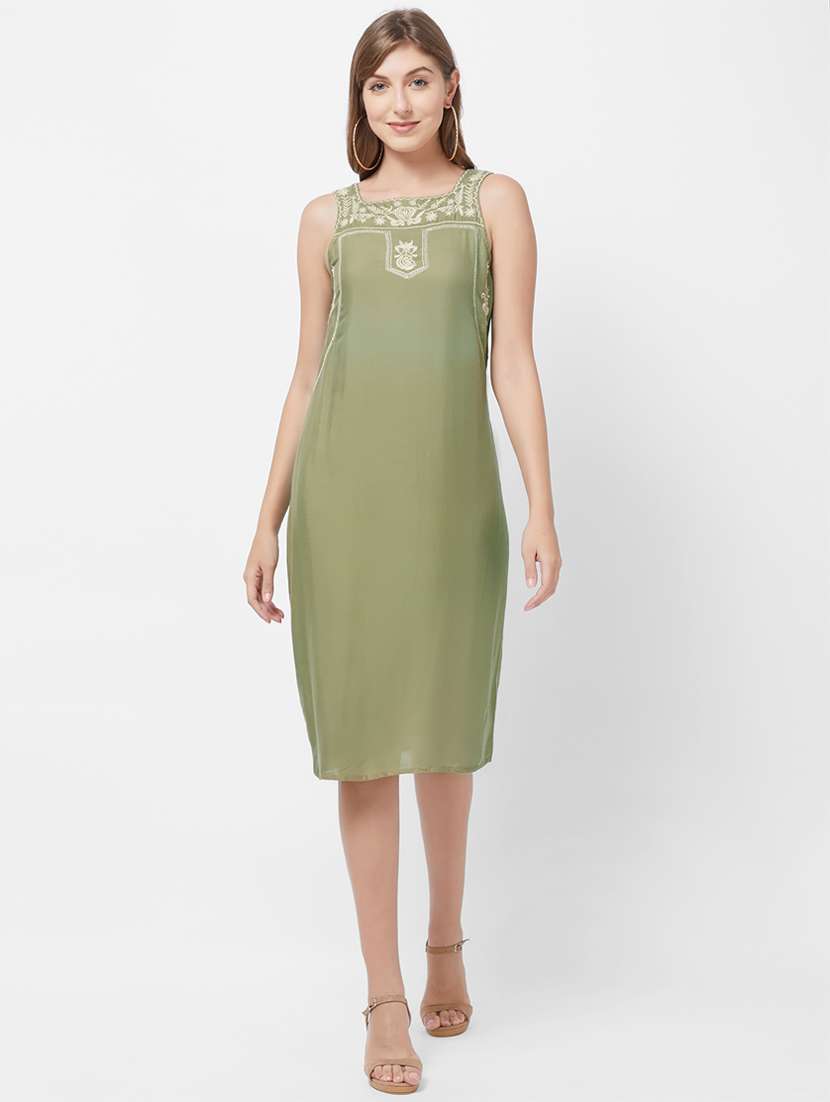 embroidered detail square neck a-line dress