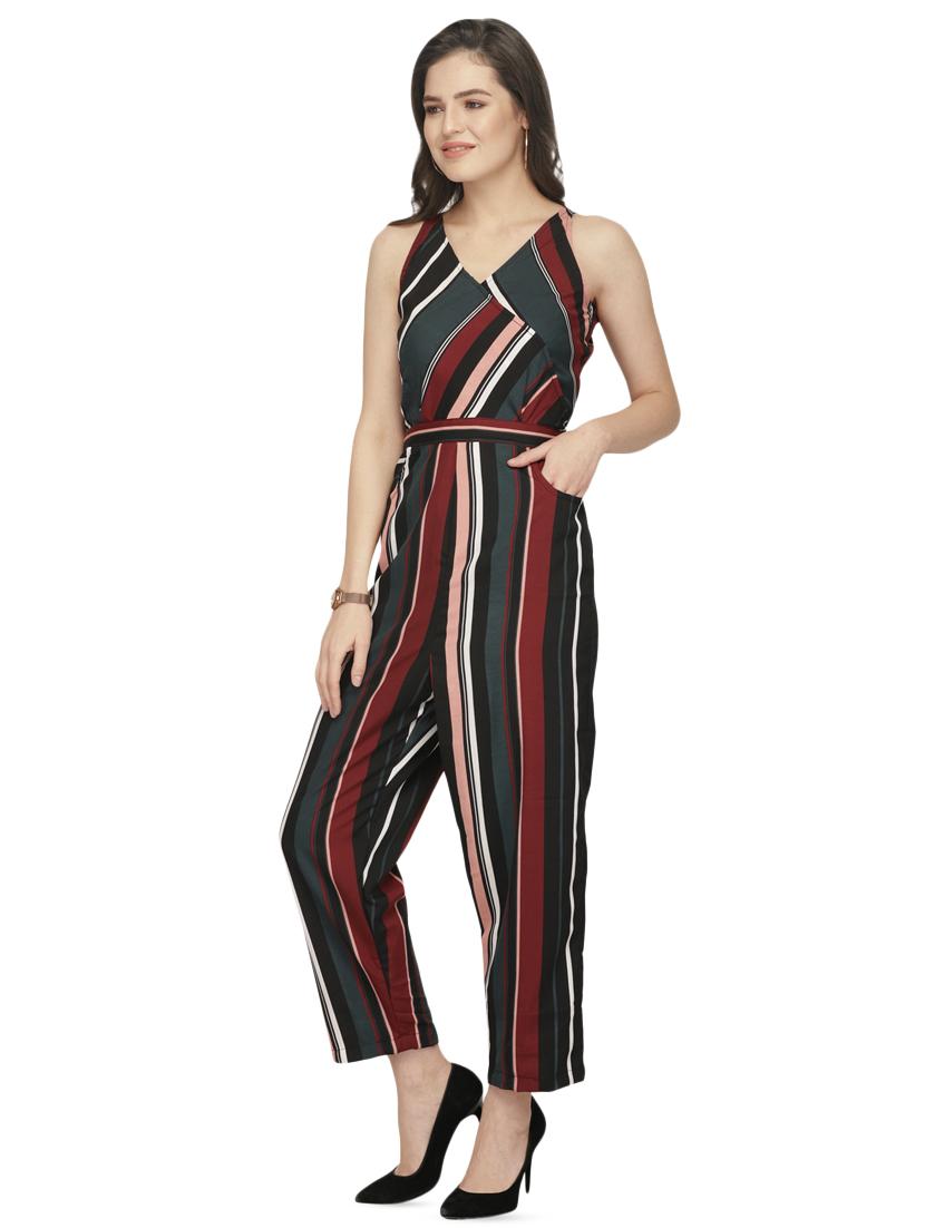 overlap neck striped jumpsuit - 16843955 - Standard Image - 1
