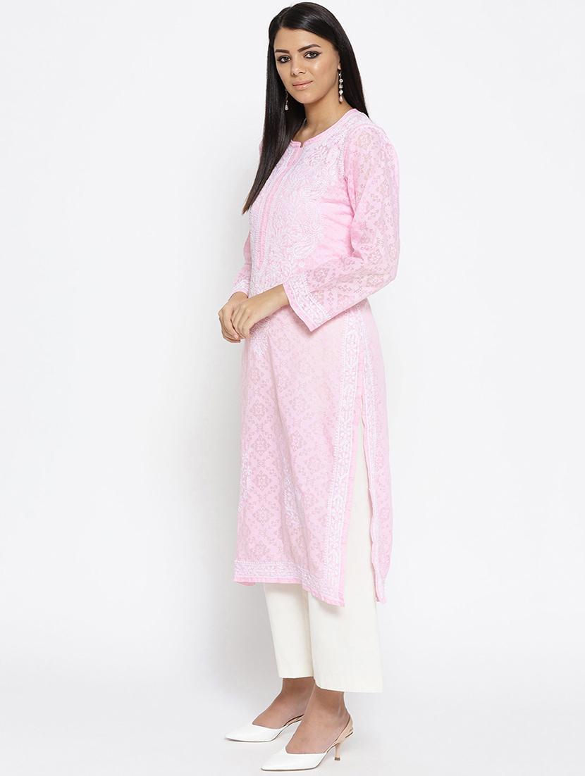ada hand embroidered pink cotton lucknow chikankari kurta - 16844290 - Standard Image - 1
