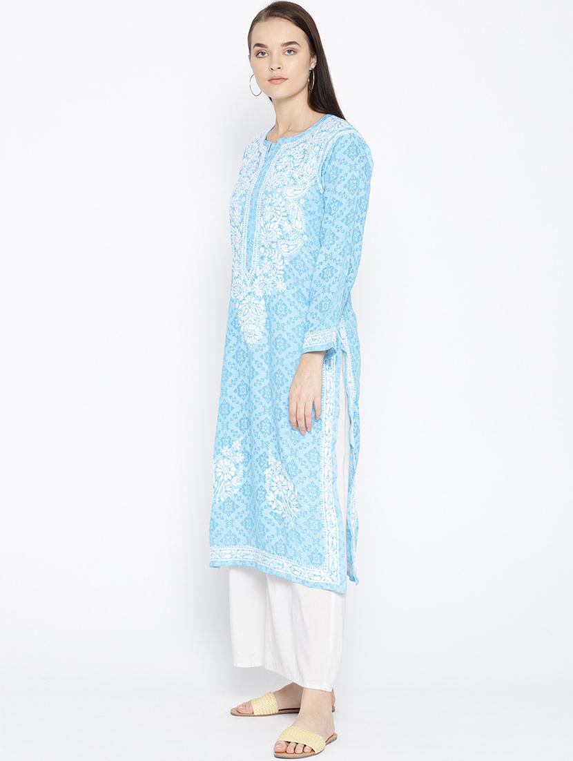 ada hand embroidered blue cotton lucknow chikankari kurta - 16844291 - Standard Image - 1