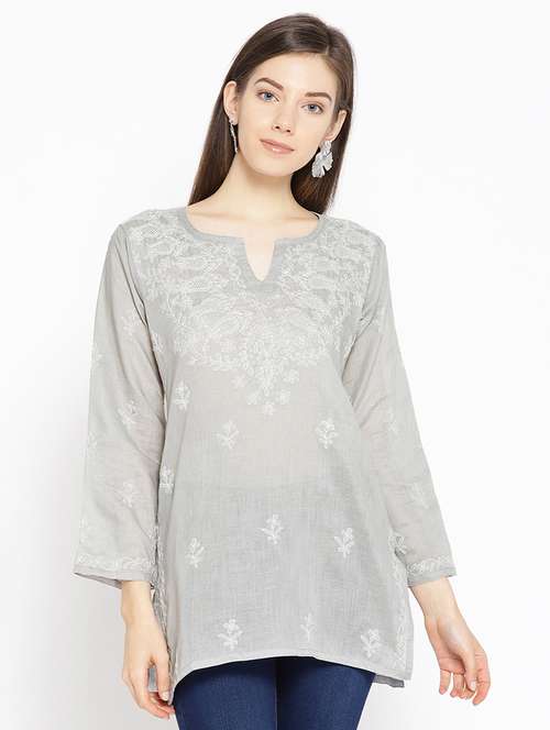 grey embroidered cotton straight kurti casual wear - 16847877 -  Standard Image - 0