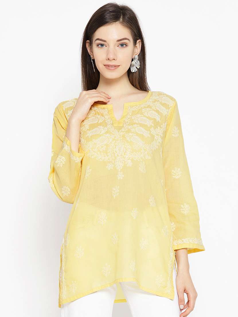 hand-embroidered yellow chikankari kurti 