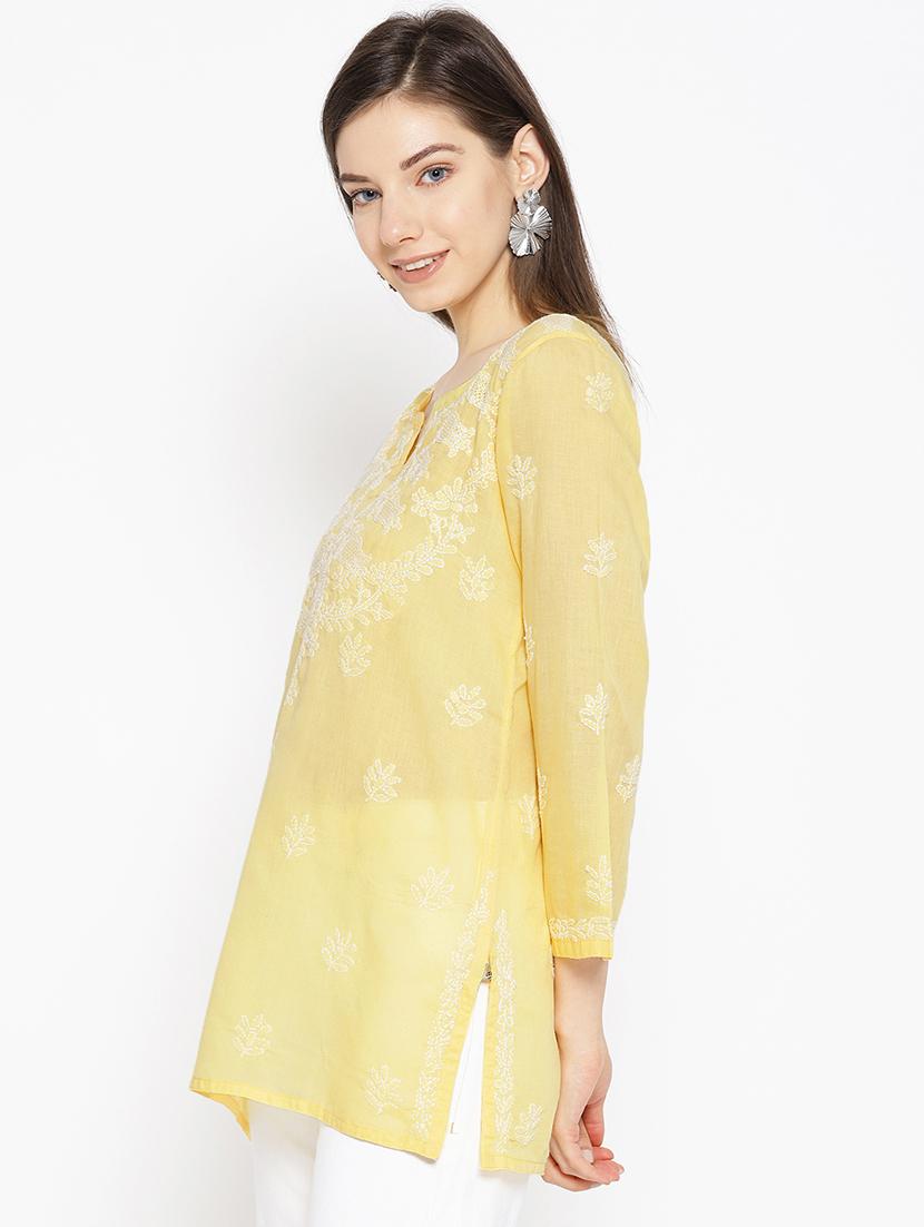 hand-embroidered yellow chikankari kurti - 16847878 - Standard Image - 1