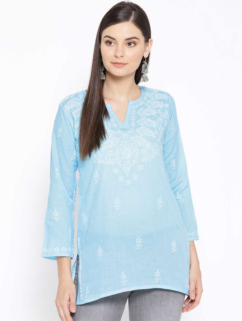 light blue embroidered pure cotton straight kurti