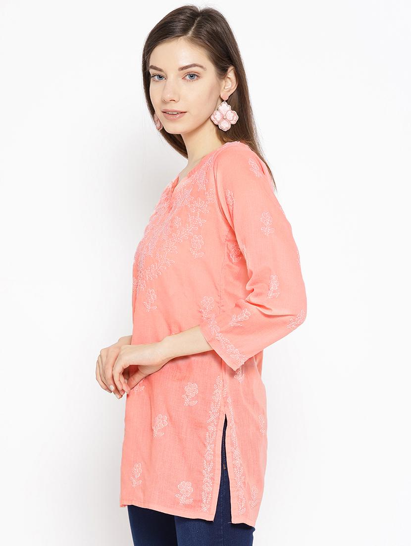 ada hand-embroidered peach chikankari kurti - 16847884 - Standard Image - 1