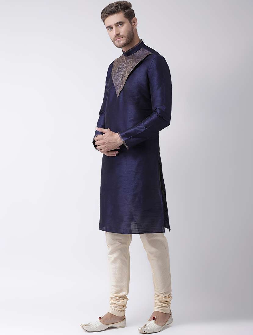 navy blue brocade kurta pyjama set - 16847917 -  Standard Image - 1