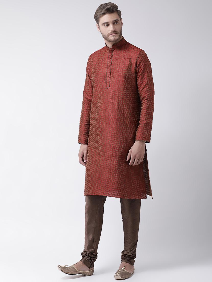 red jacquard kurta pyjama set - 16847937 - Standard Image - 1
