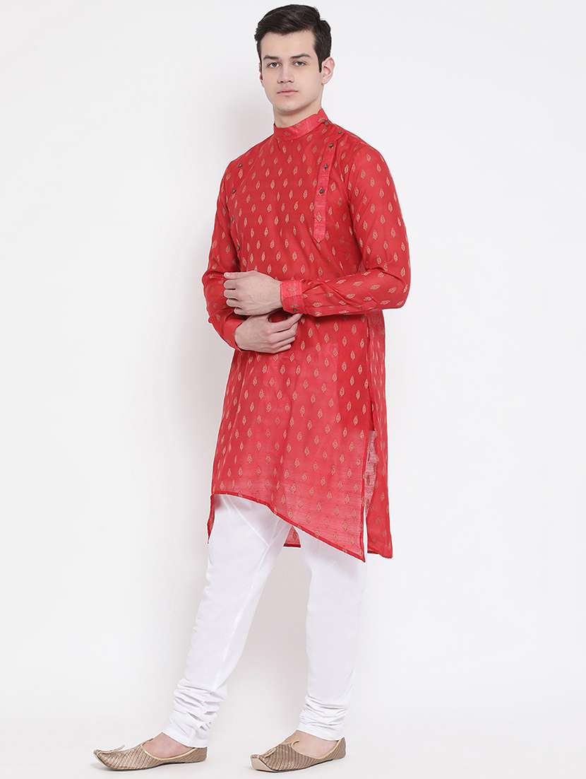 red pure silk brocade asymmetric kurta - 16848361 -  Standard Image - 1
