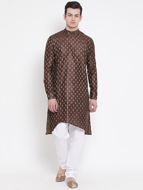brown jacquard asymmetric kurta - 16848364 - Standard Image - 0